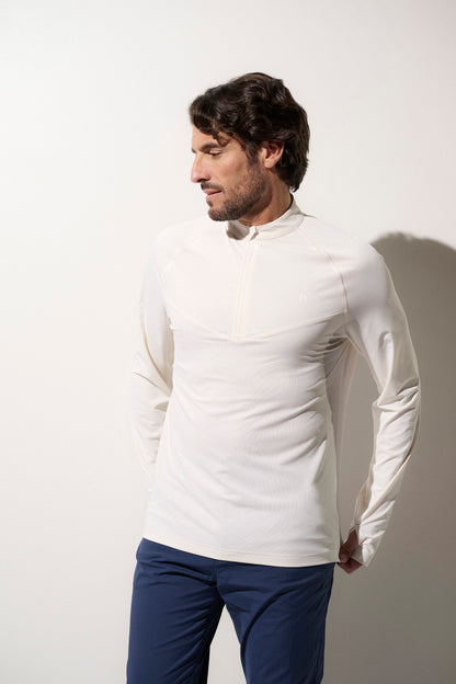 T-shirt zippé anti-UV homme blanc perlé, léger et respirant, idéal pour les activités en plein air, protection UPF 50+.