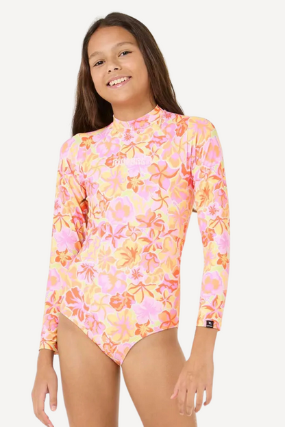 Maillot de bain anti-UV pour fille, imprimé floral, UPF 50+, idéal pour les activités aquatiques au soleil.