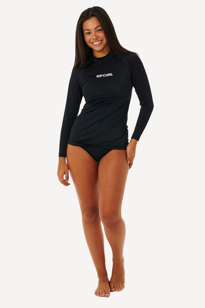 T-shirt de bain anti-UV noir pour femme, manches longues, UPF 50+, parfait pour la plage, marque Rip Curl.